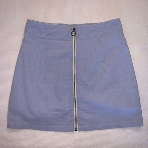 blue and white pinstriped zip-up skirt